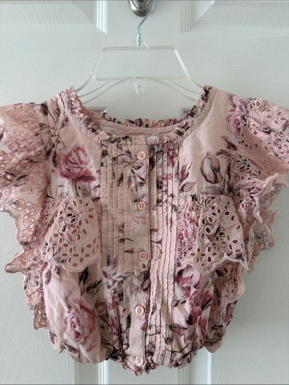 Gap & LoveShackFancy Collab Pink Floral Lace-Trim Puff Sleeve Top